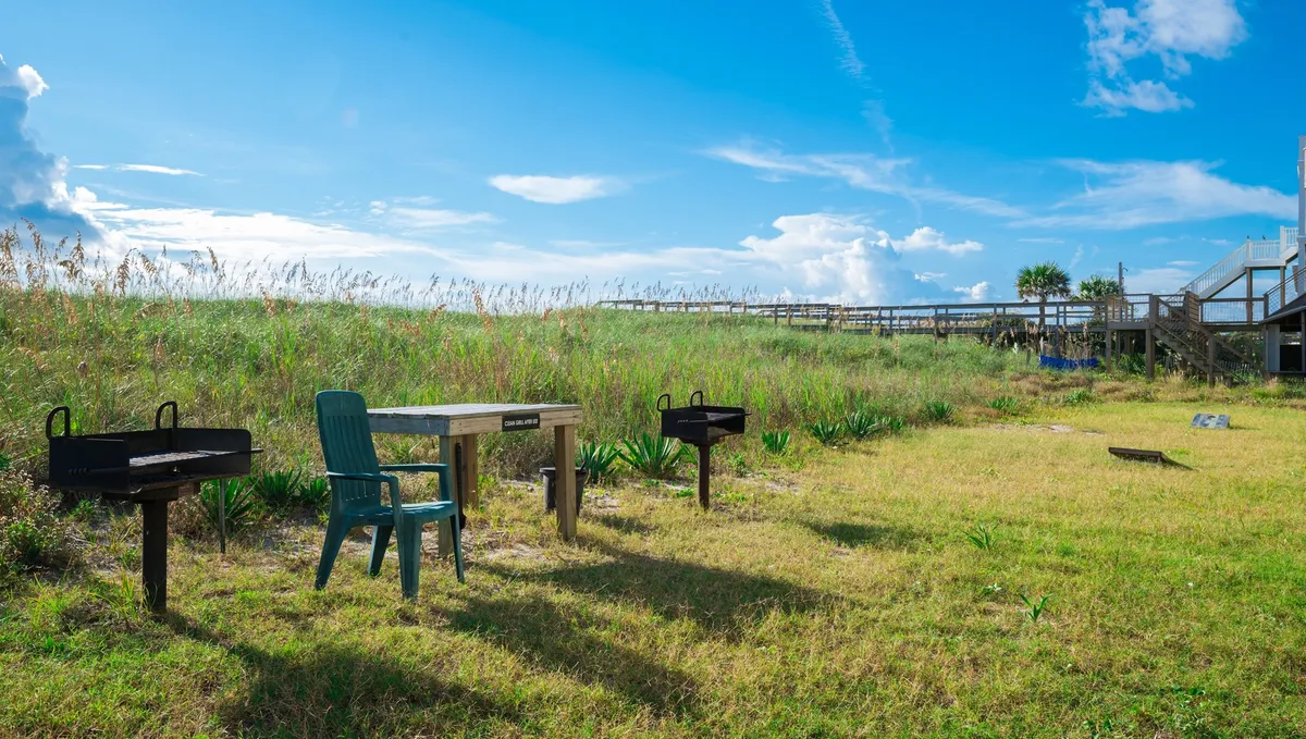 An outdoor picnic and grill area with grilling stations, a blue chair, and lush green grass. The scene feels casual and communal, inviting guests to enjoy barbecues and outdoor meals together.